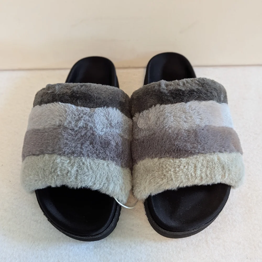 ROAM Furry Striped Slides Sandals Fuzzy Comfy NEW Twilight Prism Greys 6 EU36